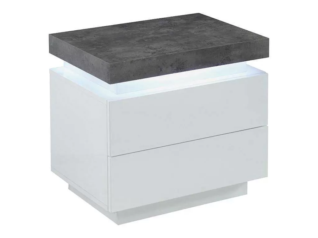 Mesa De Cabeceira*Vente-unique Mesa De Cabeceira - 2 Gavetas - Mdf Lacado - Com Leds - Cor: Branco E Cinza Cimento - Halo Ii