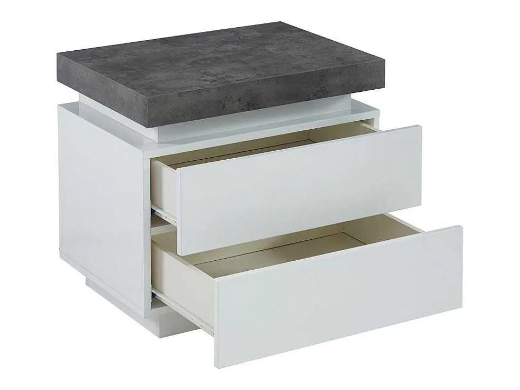 Mesa De Cabeceira*Vente-unique Mesa De Cabeceira - 2 Gavetas - Mdf Lacado - Com Leds - Cor: Branco E Cinza Cimento - Halo Ii