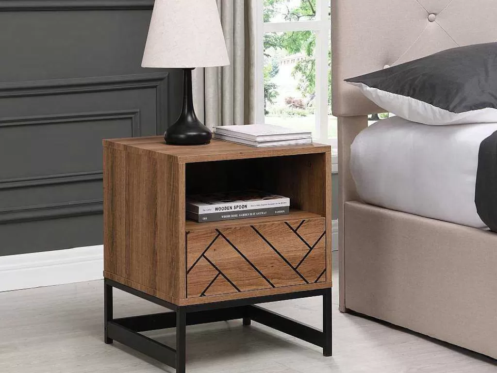Mesa De Cabeceira*Vente-unique Mesa De Cabeceira Com 1 Gaveta E 1 Nicho Em Mdf E Aco Cor Natural E Preto - Caratana