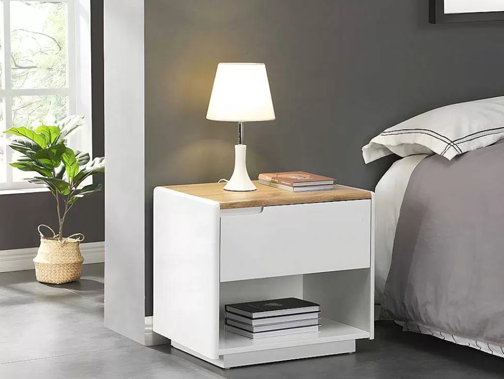 Mesa De Cabeceira*Vente-unique Mesa De Cabeceira Com 1 Gaveta E 1 Nicho Em Mdf Lacado A Branco E Cor Carvalho - Amani