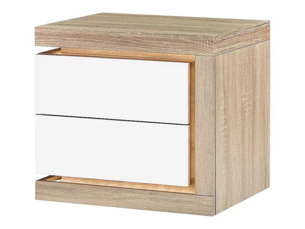 Mesa De Cabeceira*Vente-unique Mesa De Cabeceira Lado Direito Com 2 Gavetas, Com Leds, Lacado A Branco E Natural - Flarancia