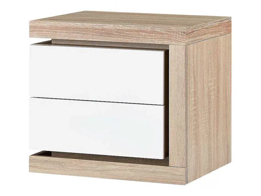 Mesa De Cabeceira*Vente-unique Mesa De Cabeceira Lado Direito Com 2 Gavetas, Com Leds, Lacado A Branco E Natural - Flarancia