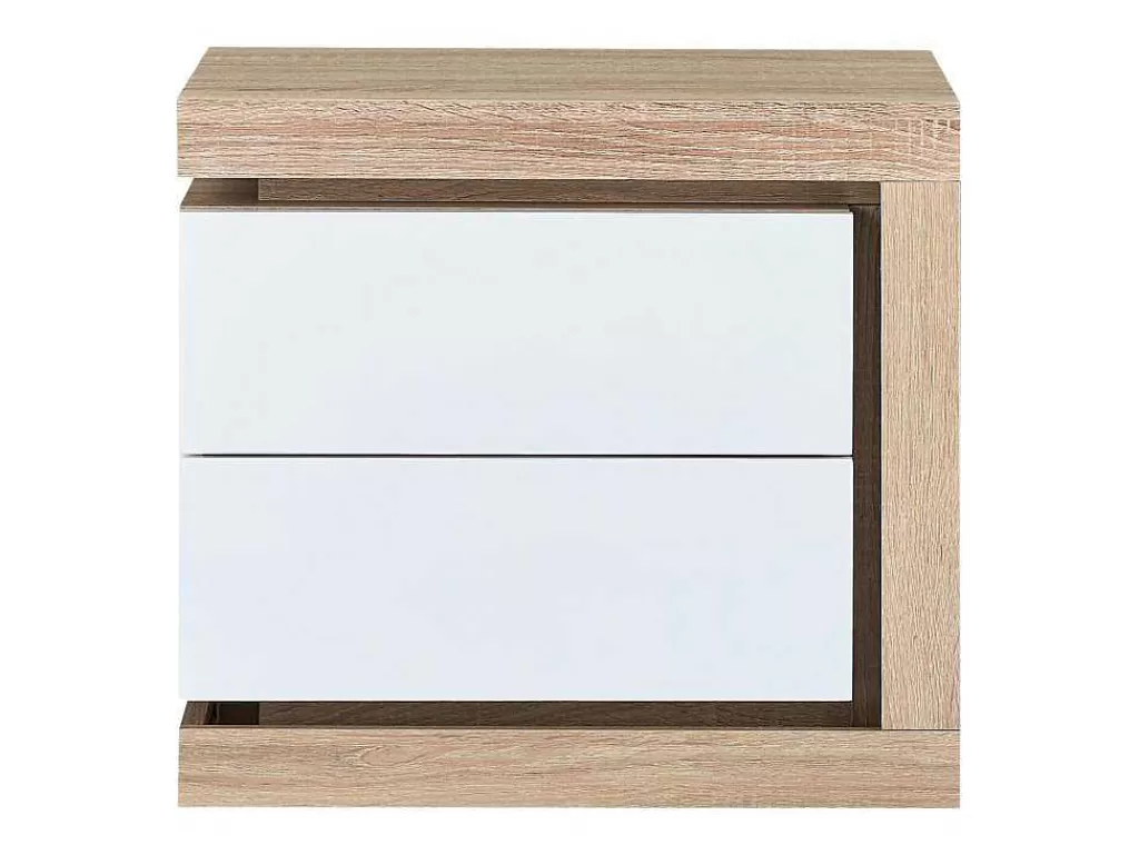 Mesa De Cabeceira*Vente-unique Mesa De Cabeceira Lado Direito Com 2 Gavetas, Com Leds, Lacado A Branco E Natural - Flarancia
