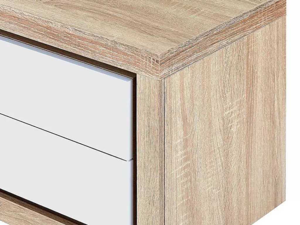 Mesa De Cabeceira*Vente-unique Mesa De Cabeceira Lado Direito Com 2 Gavetas, Com Leds, Lacado A Branco E Natural - Flarancia