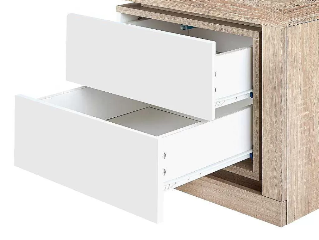 Mesa De Cabeceira*Vente-unique Mesa De Cabeceira Lado Direito Com 2 Gavetas, Com Leds, Lacado A Branco E Natural - Flarancia