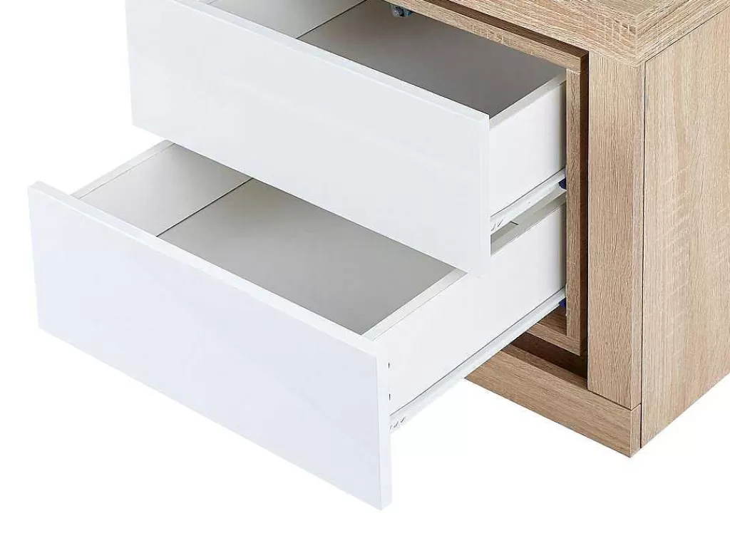 Mesa De Cabeceira*Vente-unique Mesa De Cabeceira Lado Direito Com 2 Gavetas, Com Leds, Lacado A Branco E Natural - Flarancia
