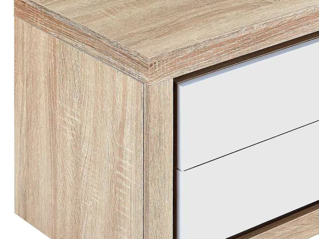 Mesa De Cabeceira*Vente-unique Mesa De Cabeceira Lado Esquerdo Com 2 Gavetas, Com Leds, Lacado A Branco E Natural - Flarancia