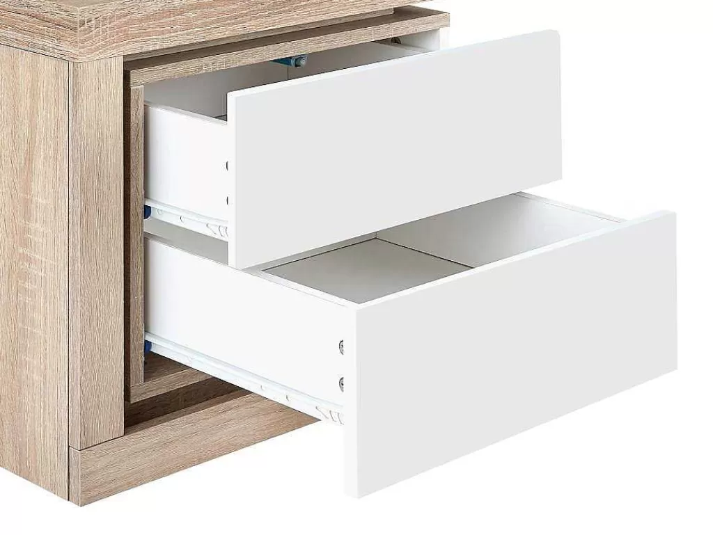Mesa De Cabeceira*Vente-unique Mesa De Cabeceira Lado Esquerdo Com 2 Gavetas, Com Leds, Lacado A Branco E Natural - Flarancia