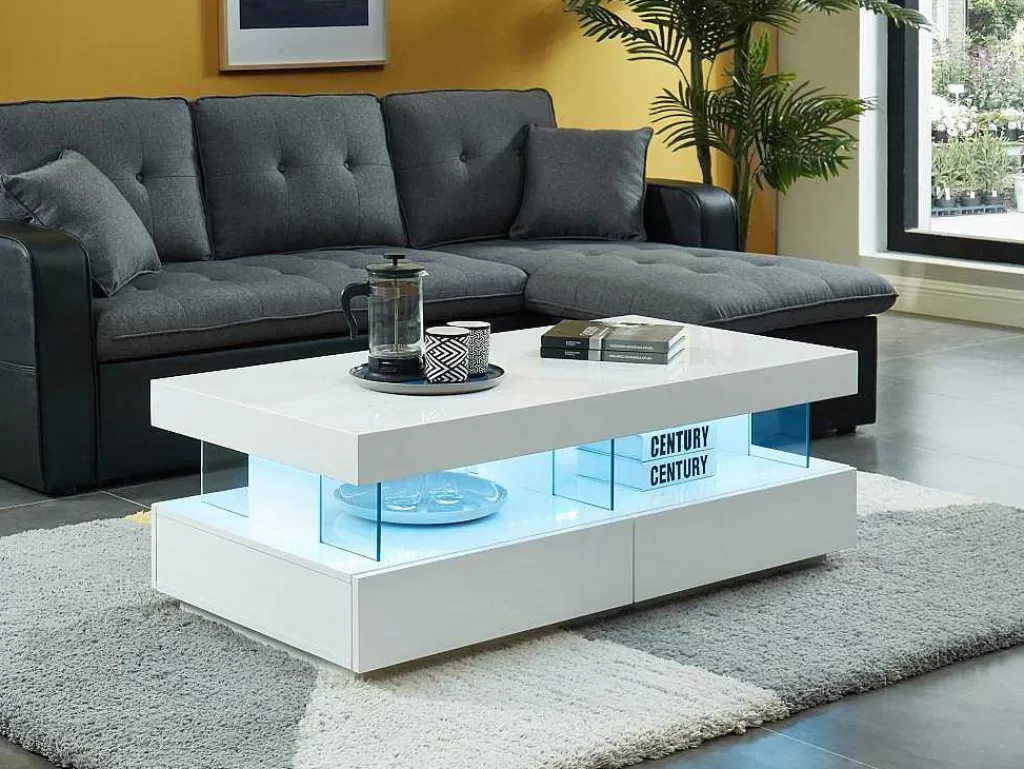 Mesa De Centro*Vente-unique Mesa De Centro 2 Gavetas E 2 Nichos Com Leds, Mdf E Vidro Temperado, Lacado A Branco - Fabio