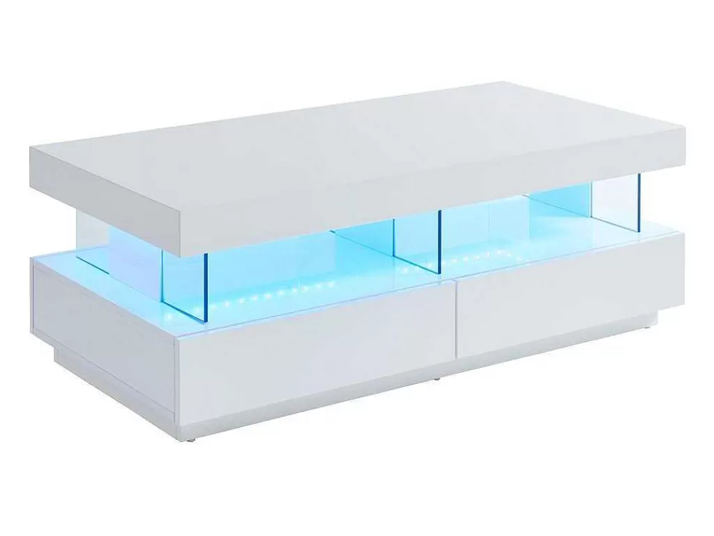 Mesa De Centro*Vente-unique Mesa De Centro 2 Gavetas E 2 Nichos Com Leds, Mdf E Vidro Temperado, Lacado A Branco - Fabio
