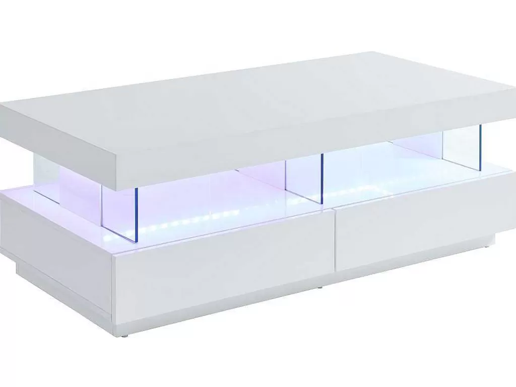 Mesa De Centro*Vente-unique Mesa De Centro 2 Gavetas E 2 Nichos Com Leds, Mdf E Vidro Temperado, Lacado A Branco - Fabio