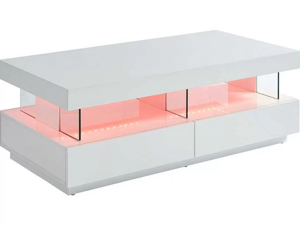 Mesa De Centro*Vente-unique Mesa De Centro 2 Gavetas E 2 Nichos Com Leds, Mdf E Vidro Temperado, Lacado A Branco - Fabio