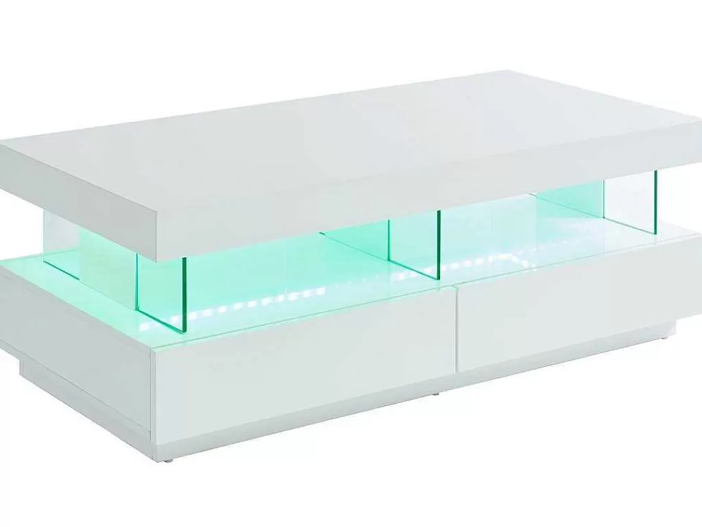 Mesa De Centro*Vente-unique Mesa De Centro 2 Gavetas E 2 Nichos Com Leds, Mdf E Vidro Temperado, Lacado A Branco - Fabio