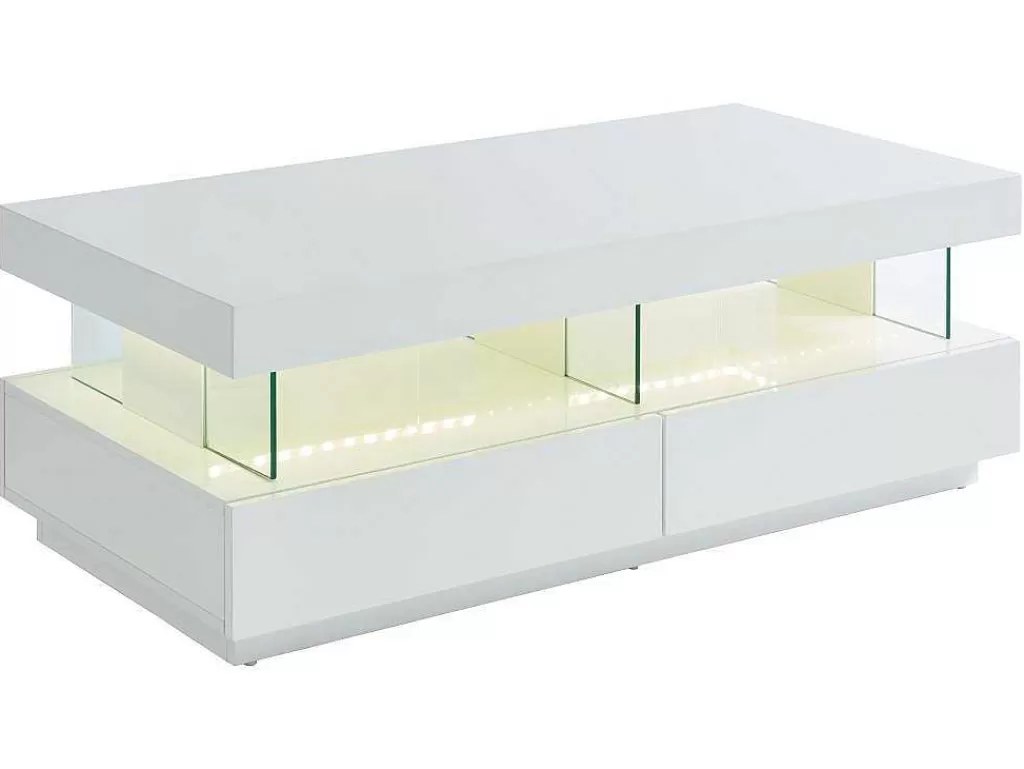 Mesa De Centro*Vente-unique Mesa De Centro 2 Gavetas E 2 Nichos Com Leds, Mdf E Vidro Temperado, Lacado A Branco - Fabio