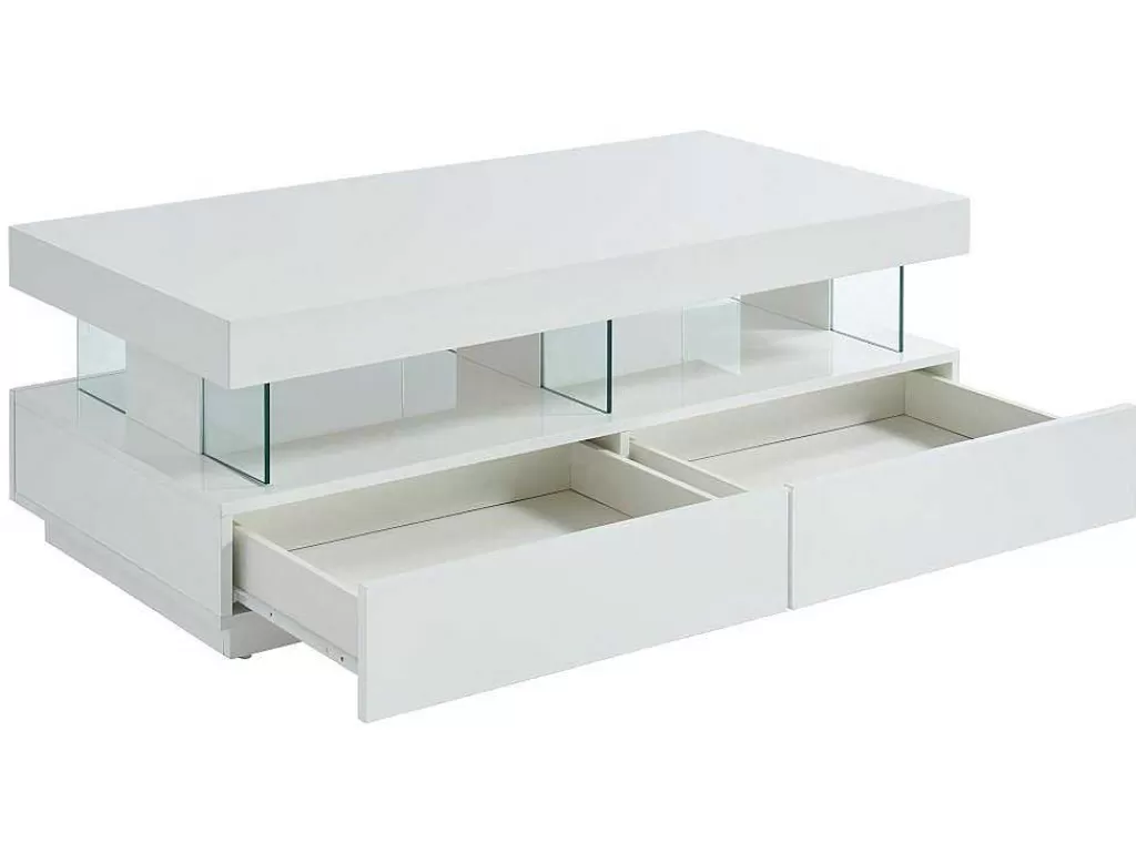 Mesa De Centro*Vente-unique Mesa De Centro 2 Gavetas E 2 Nichos Com Leds, Mdf E Vidro Temperado, Lacado A Branco - Fabio