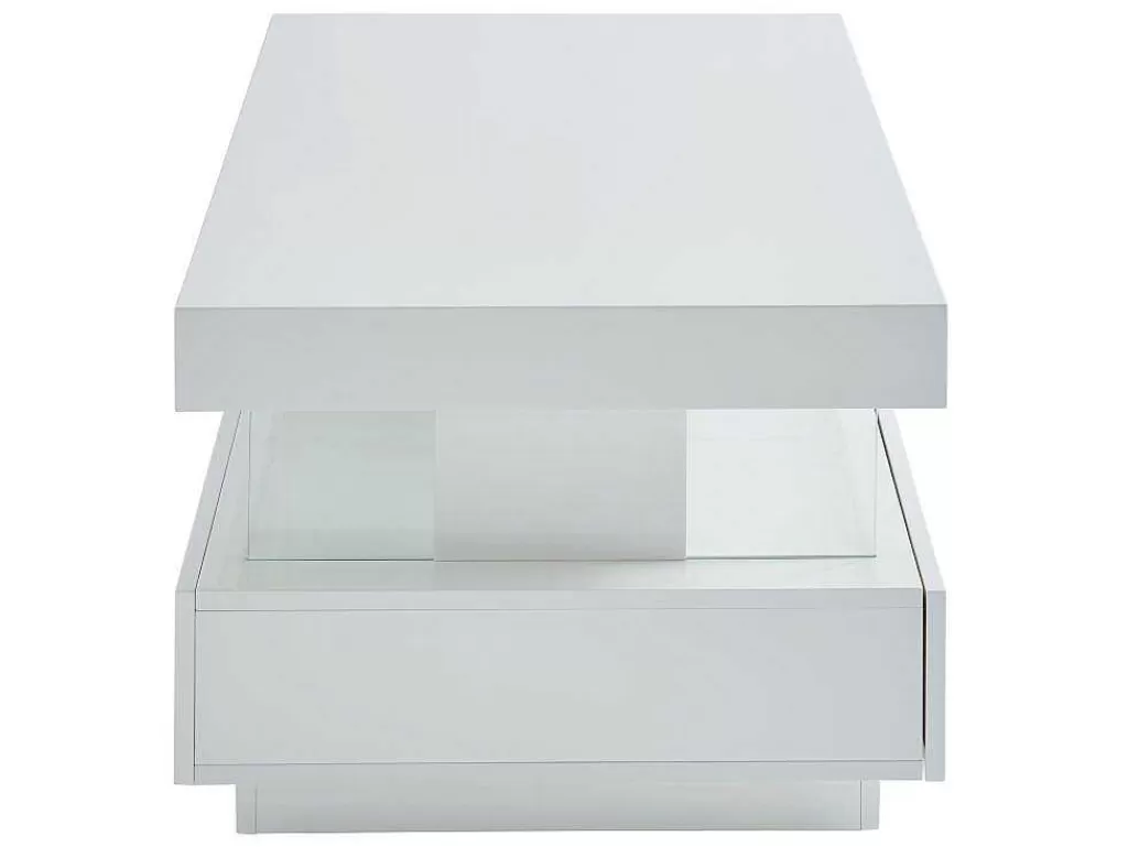 Mesa De Centro*Vente-unique Mesa De Centro 2 Gavetas E 2 Nichos Com Leds, Mdf E Vidro Temperado, Lacado A Branco - Fabio