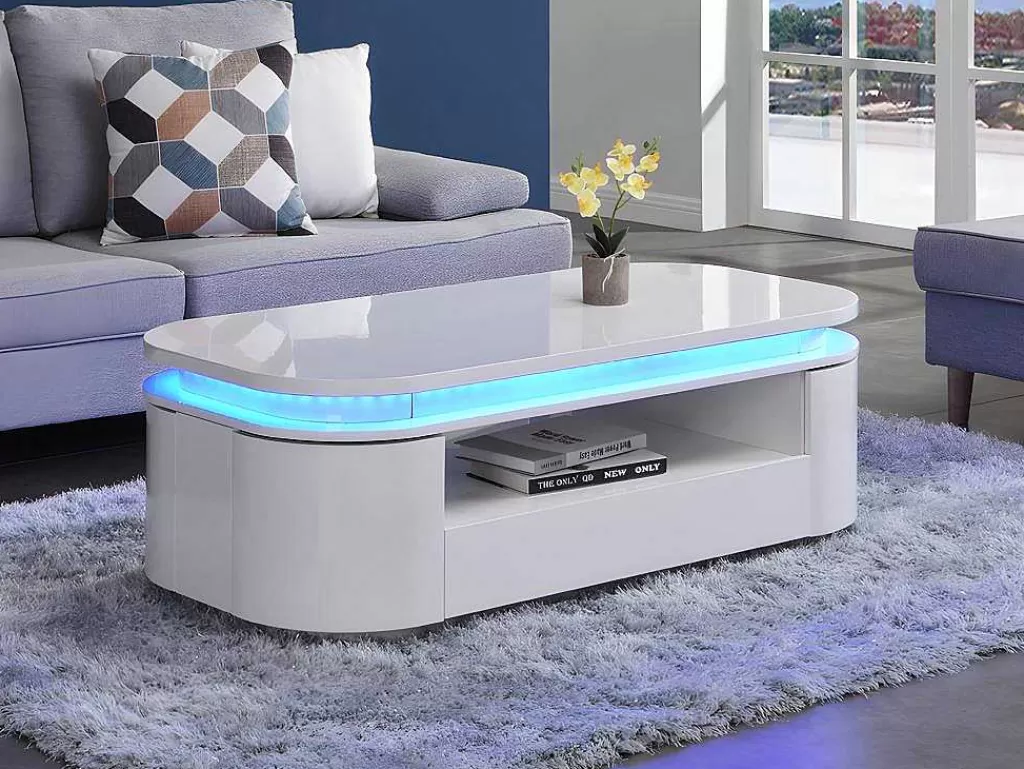 Mesa De Centro*Vente-unique Mesa De Centro 4 Portas E 1 Gaveta Com Leds Em Mdf Lacado A Branco - Vandana