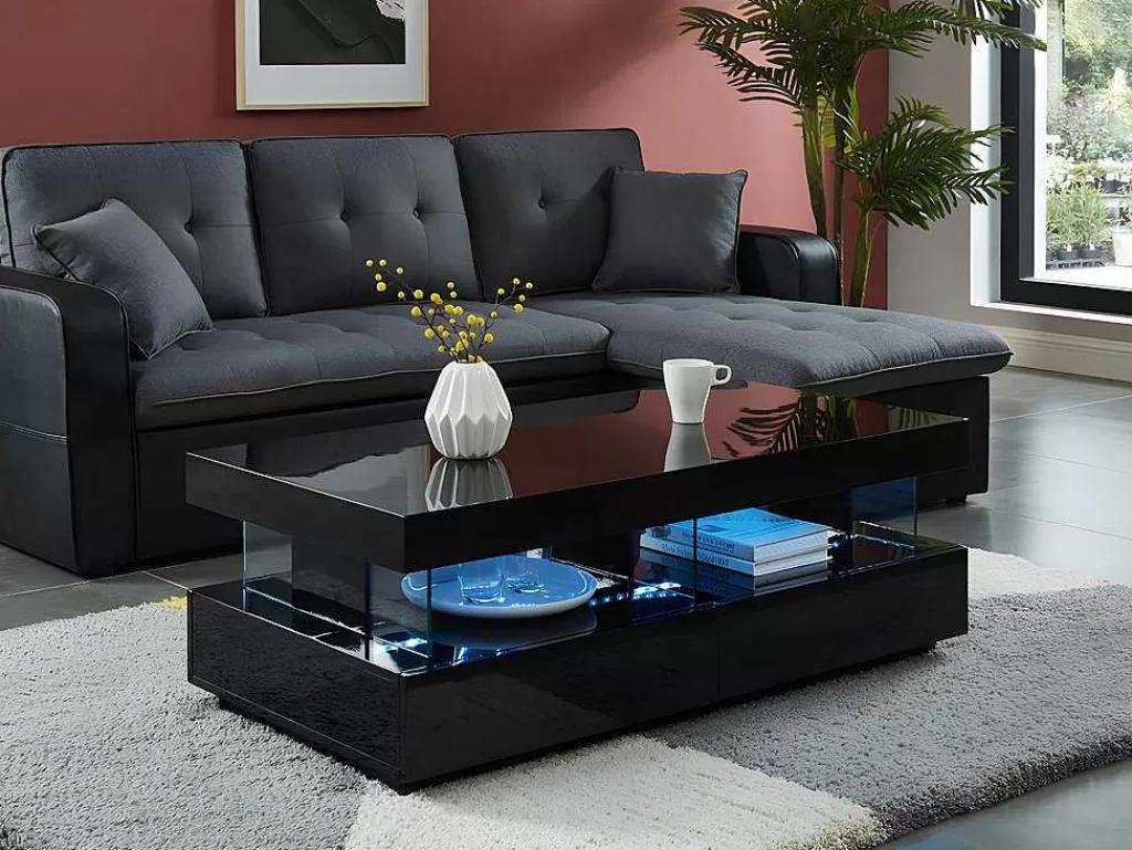 Mesa De Centro*Vente-unique Mesa De Centro - Mdf Lacado Preto - Leds 2 Gavetas & 2 Nichos - Fabio