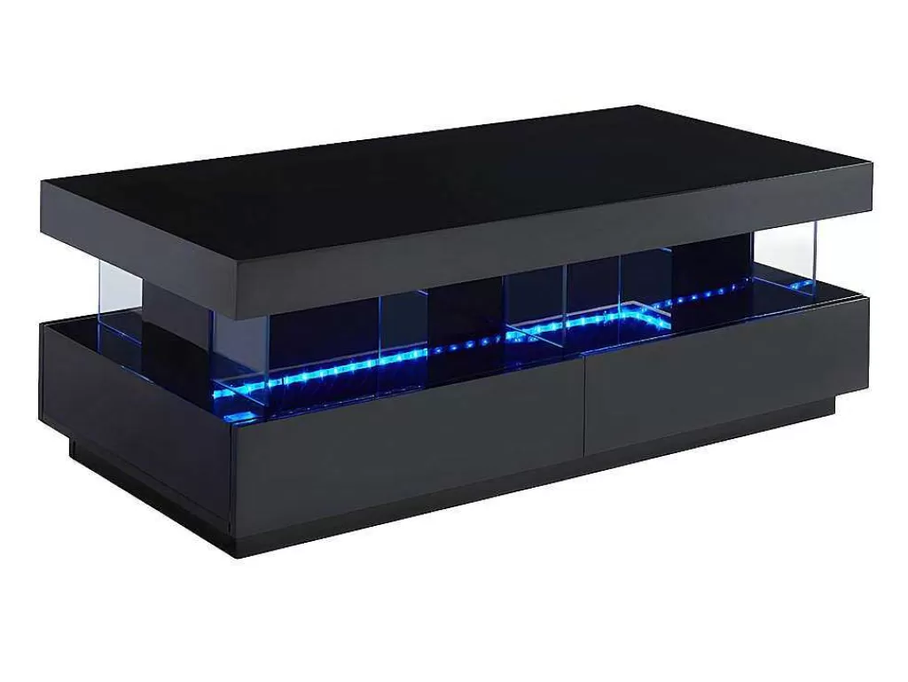 Mesa De Centro*Vente-unique Mesa De Centro - Mdf Lacado Preto - Leds 2 Gavetas & 2 Nichos - Fabio