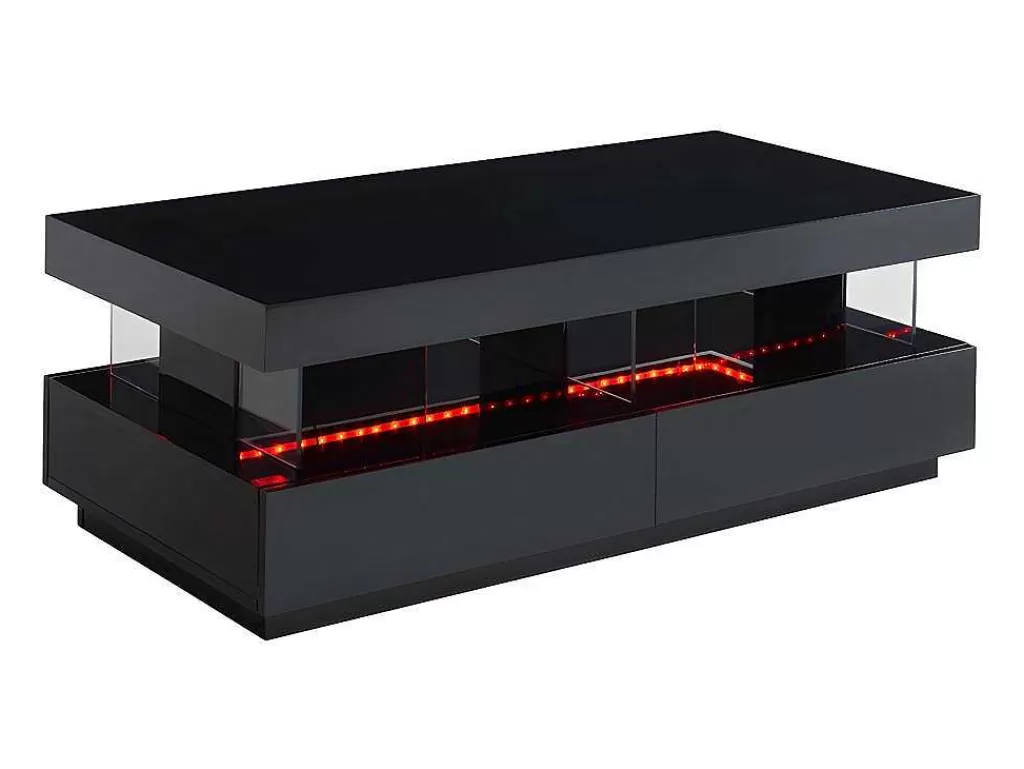 Mesa De Centro*Vente-unique Mesa De Centro - Mdf Lacado Preto - Leds 2 Gavetas & 2 Nichos - Fabio