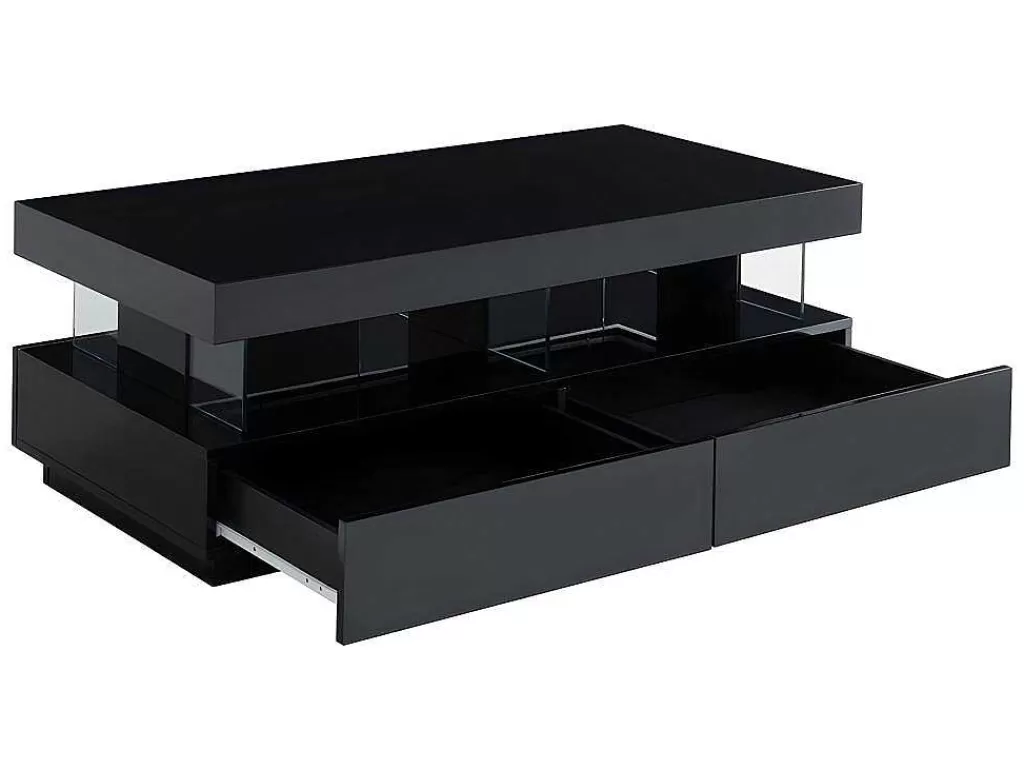 Mesa De Centro*Vente-unique Mesa De Centro - Mdf Lacado Preto - Leds 2 Gavetas & 2 Nichos - Fabio
