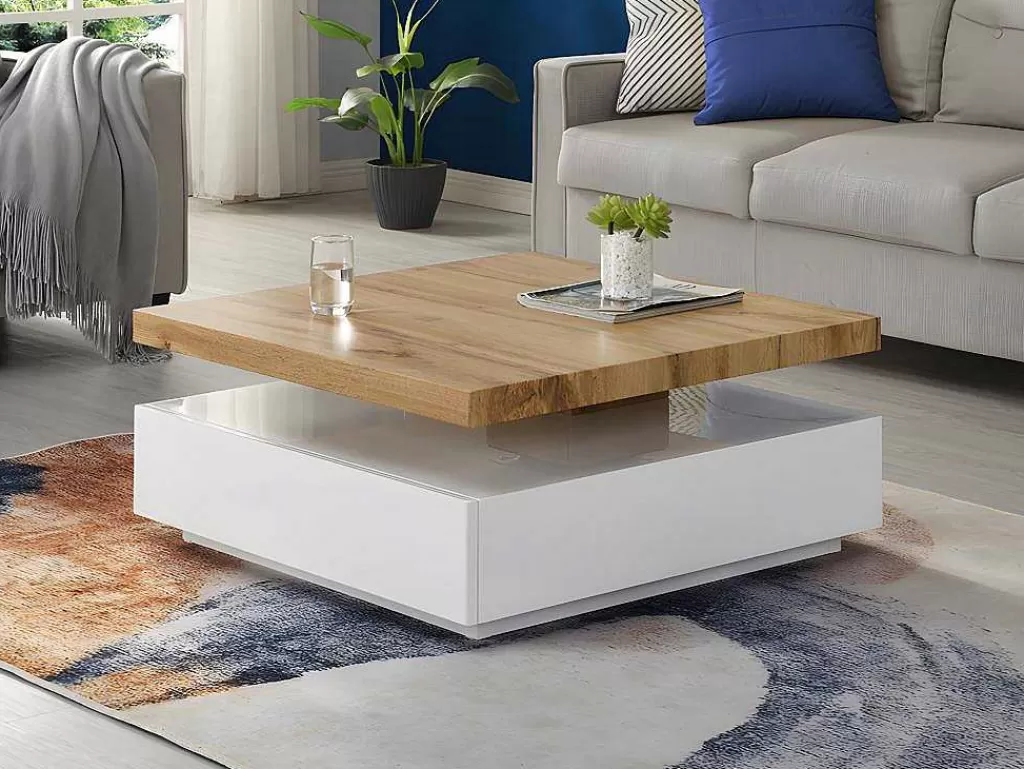 Mesa De Centro*Vente-unique Mesa De Centro Com 1 Gaveta E Tampo Giratorio Em Mdf Cor Antracite E Carvalho - Kyria