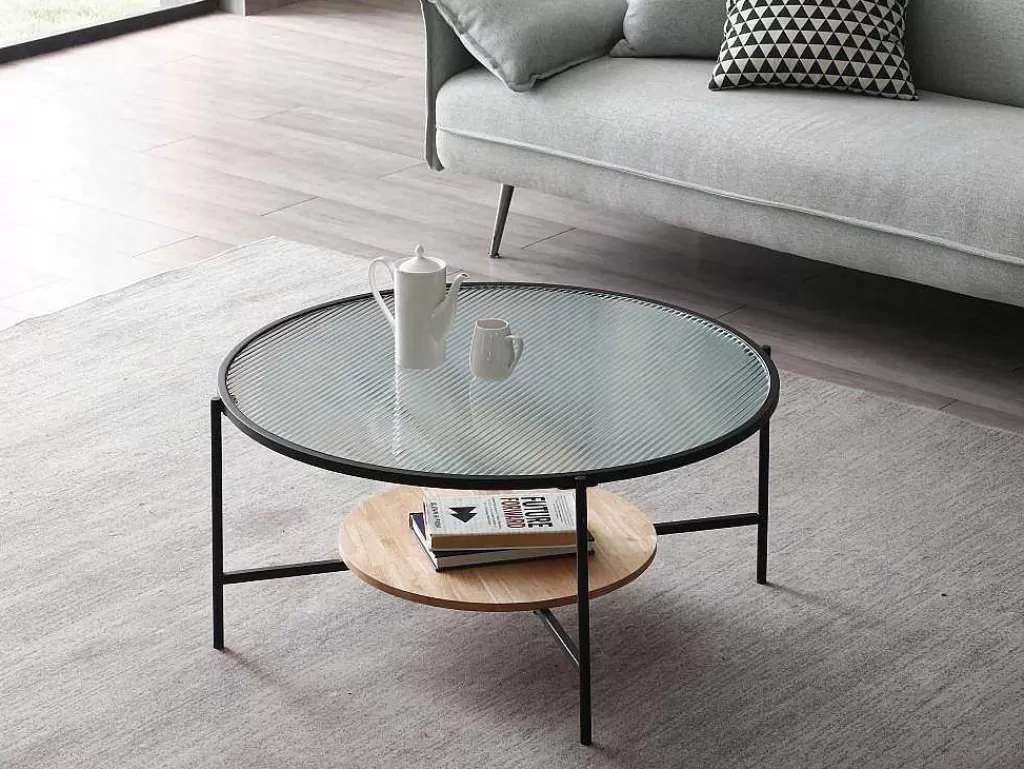 Mesa De Centro*Vente-unique Mesa De Centro Com 1 Prateleira, Vidro, Madeira De Hevea E Metal, Natural E Preto - Munita