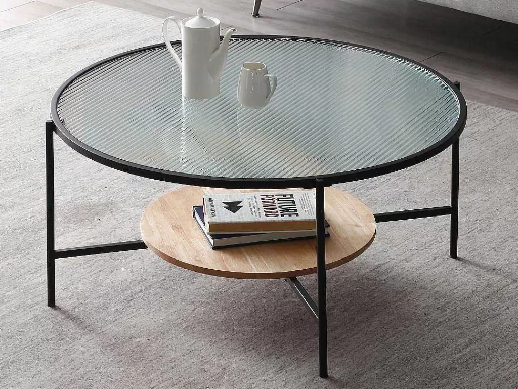 Mesa De Centro*Vente-unique Mesa De Centro Com 1 Prateleira, Vidro, Madeira De Hevea E Metal, Natural E Preto - Munita