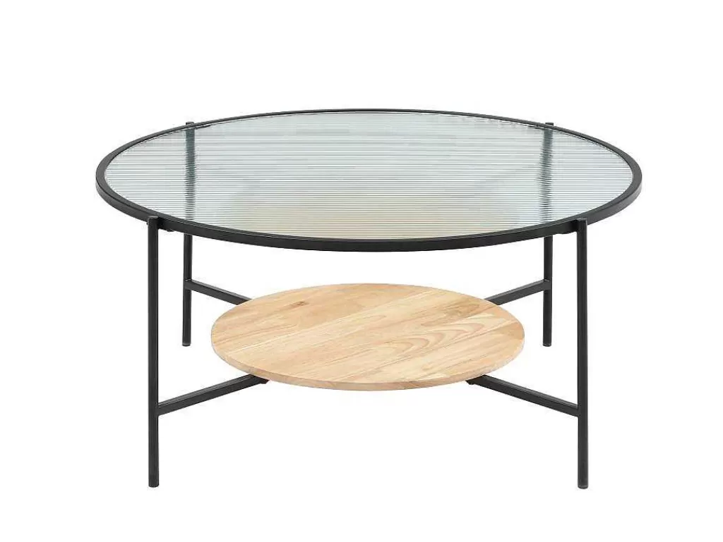 Mesa De Centro*Vente-unique Mesa De Centro Com 1 Prateleira, Vidro, Madeira De Hevea E Metal, Natural E Preto - Munita