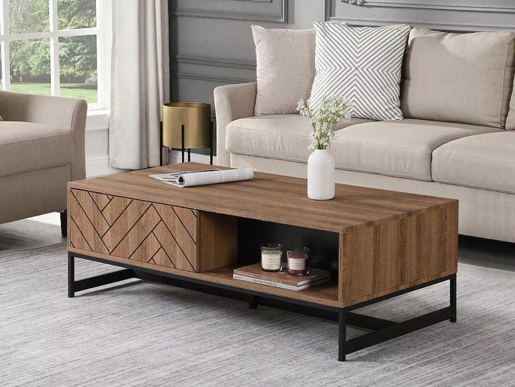 Mesa De Centro*Vente-unique Mesa De Centro Com 2 Gavetas E 2 Nichos Em Mdf Cor Natural E Preto - Caratana