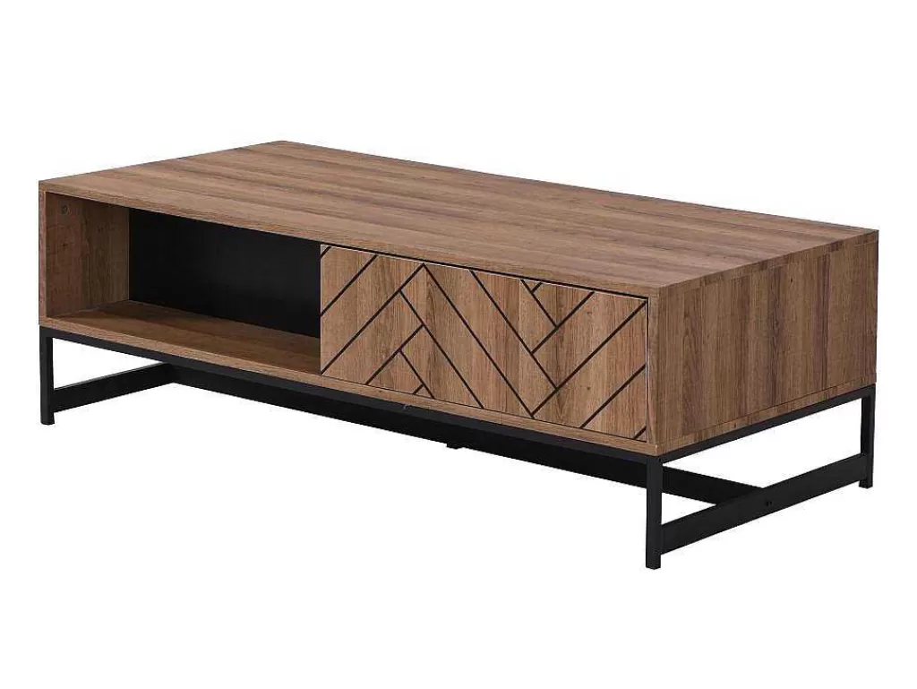 Mesa De Centro*Vente-unique Mesa De Centro Com 2 Gavetas E 2 Nichos Em Mdf Cor Natural E Preto - Caratana