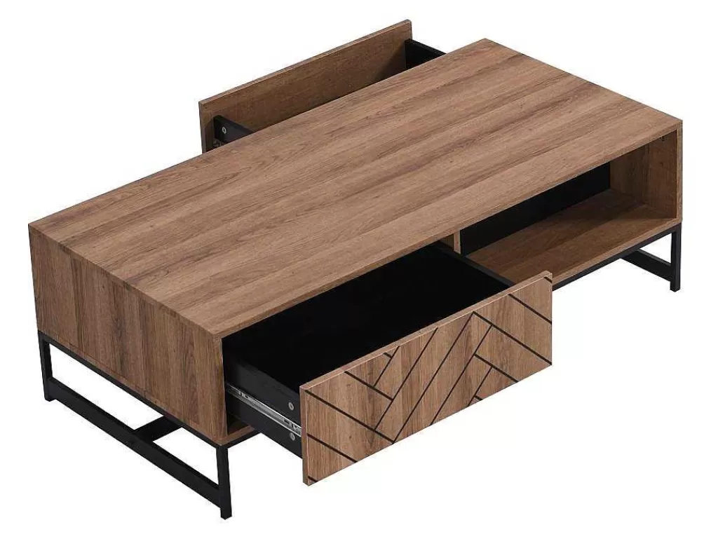 Mesa De Centro*Vente-unique Mesa De Centro Com 2 Gavetas E 2 Nichos Em Mdf Cor Natural E Preto - Caratana