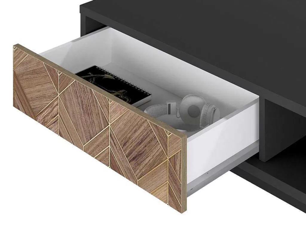 Mesa De Centro*Vente-unique Mesa De Centro Com 2 Gavetas E 2 Nichos Preto E Natural Escuro - Mialine