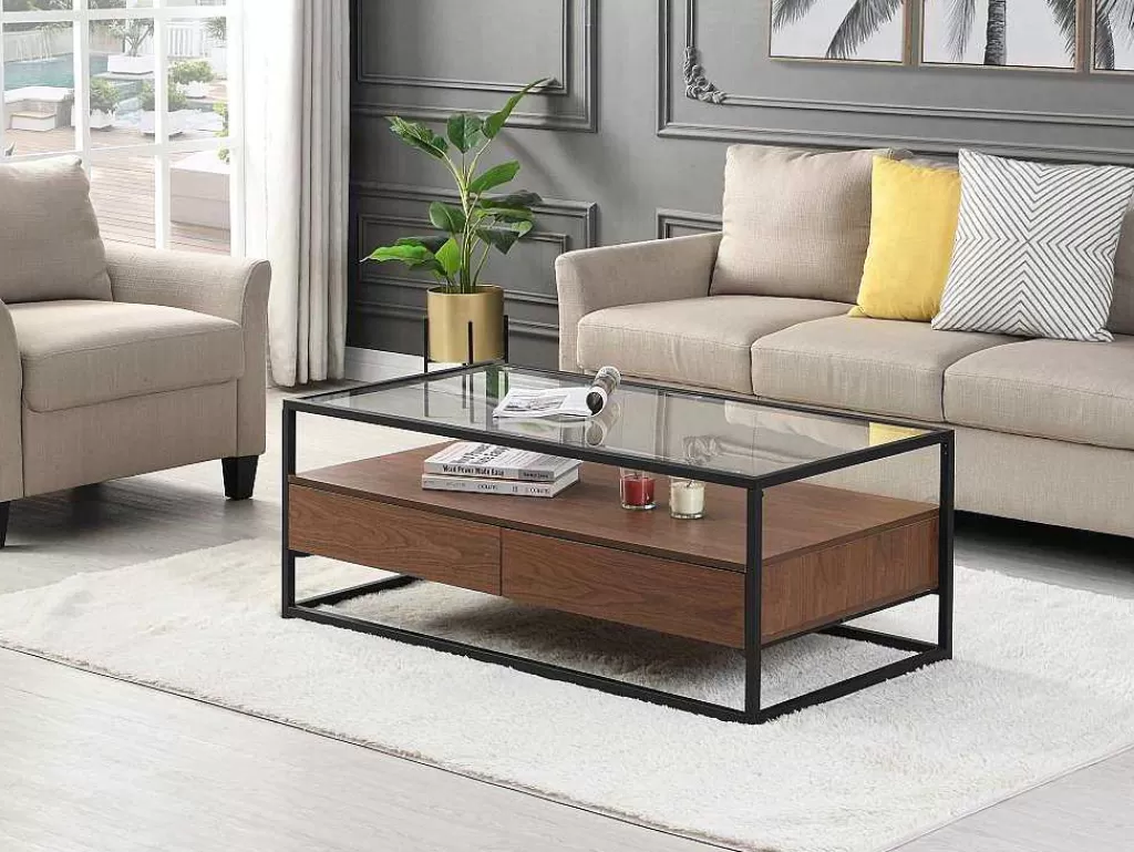 Mesa De Centro*Vente-unique Mesa De Centro Com 2 Gavetas Em Mdf, Vidro Temperado E Metal Natural Escuro - Camata