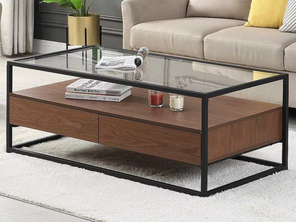 Mesa De Centro*Vente-unique Mesa De Centro Com 2 Gavetas Em Mdf, Vidro Temperado E Metal Natural Escuro - Camata