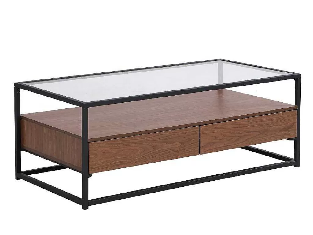 Mesa De Centro*Vente-unique Mesa De Centro Com 2 Gavetas Em Mdf, Vidro Temperado E Metal Natural Escuro - Camata
