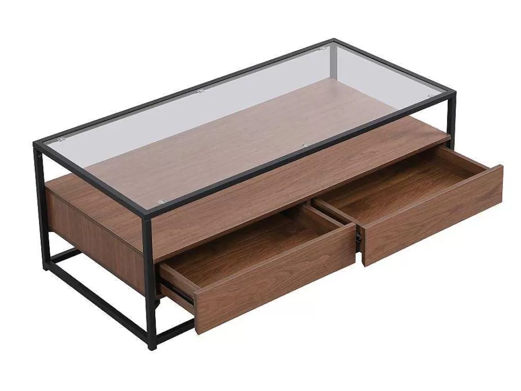 Mesa De Centro*Vente-unique Mesa De Centro Com 2 Gavetas Em Mdf, Vidro Temperado E Metal Natural Escuro - Camata