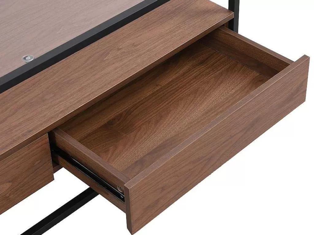 Mesa De Centro*Vente-unique Mesa De Centro Com 2 Gavetas Em Mdf, Vidro Temperado E Metal Natural Escuro - Camata