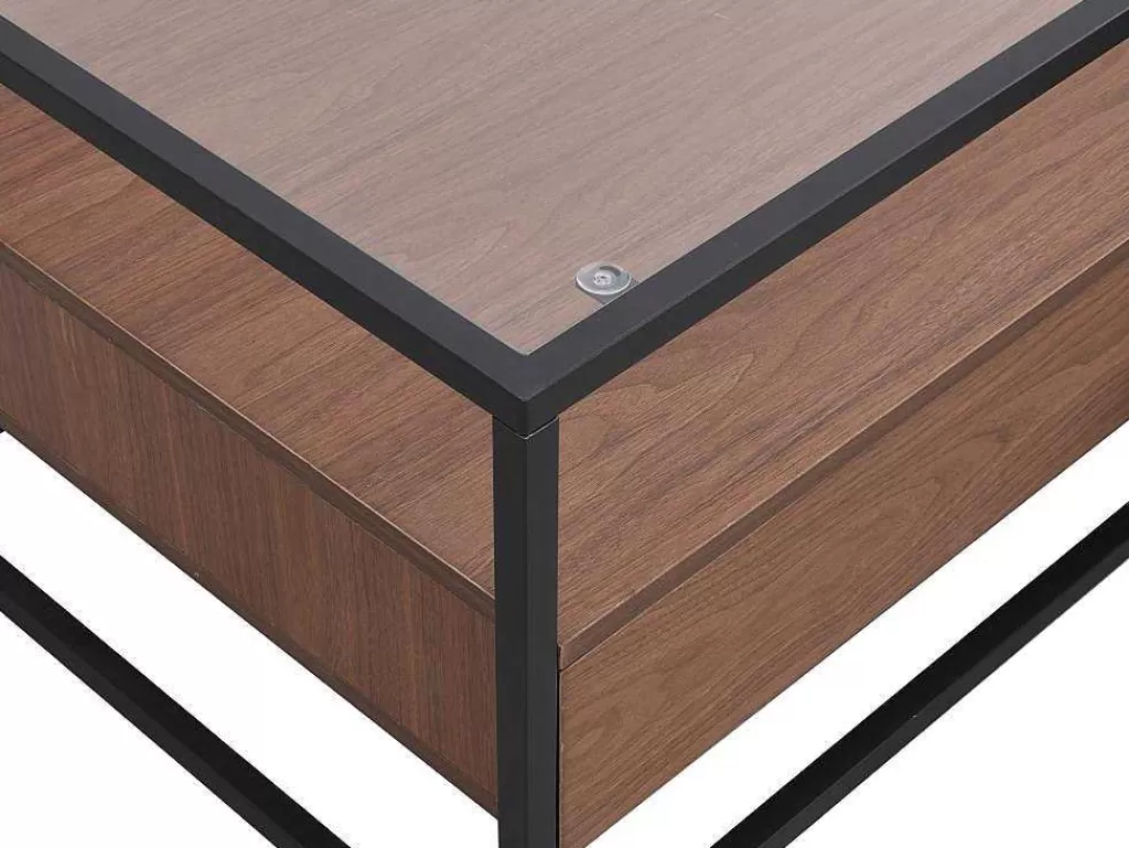 Mesa De Centro*Vente-unique Mesa De Centro Com 2 Gavetas Em Mdf, Vidro Temperado E Metal Natural Escuro - Camata