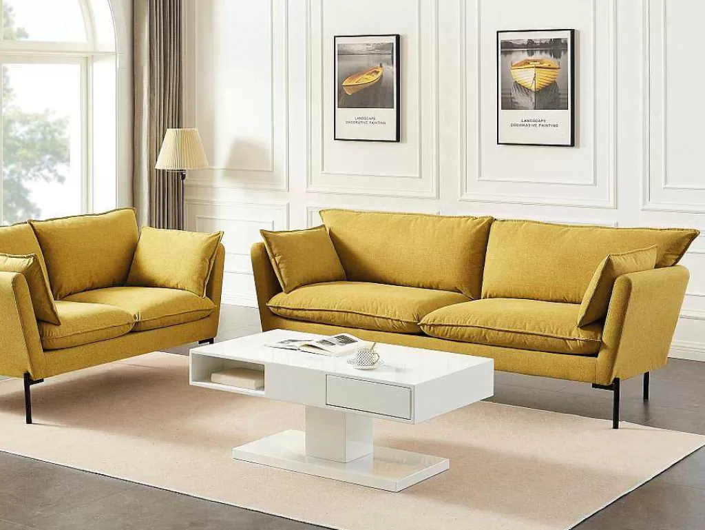 Mesa De Centro*Vente-unique Mesa De Centro Com Tampo Giratorio, 2 Gavetas E 2 Nichos Mdf Lacado A Branco - Ilya