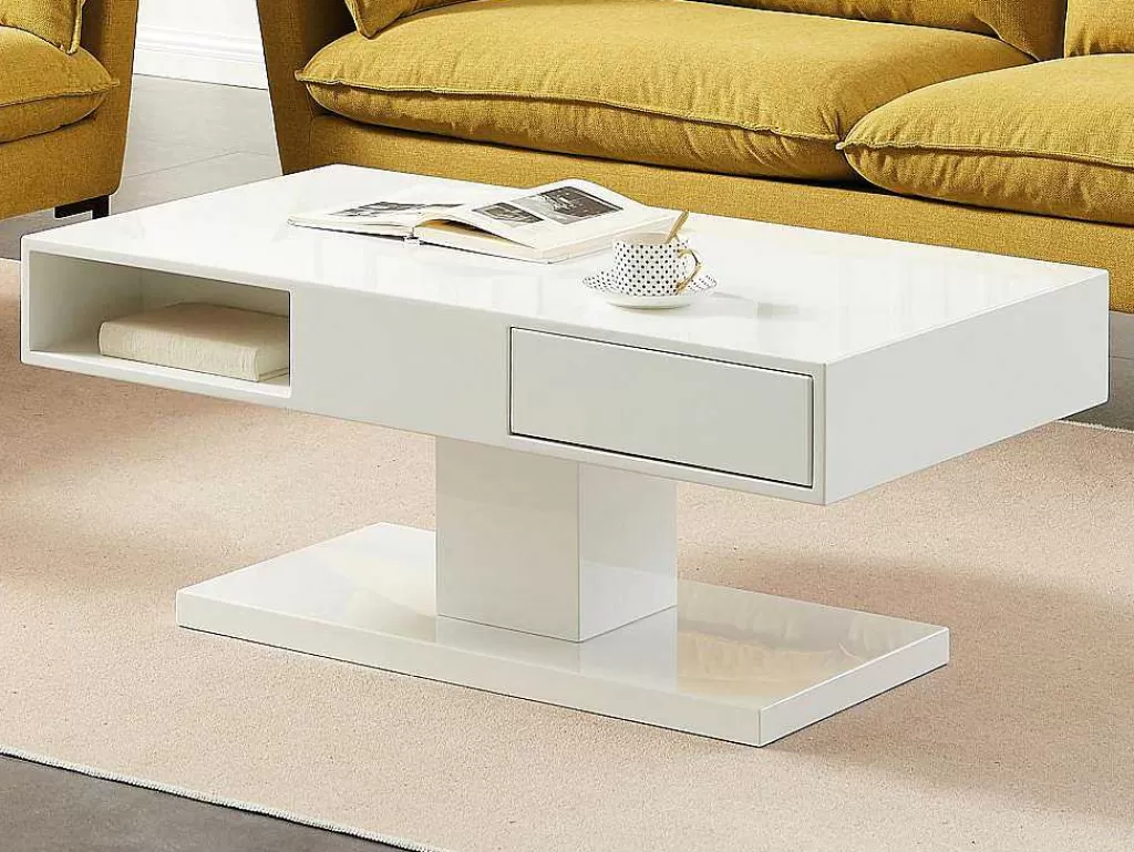 Mesa De Centro*Vente-unique Mesa De Centro Com Tampo Giratorio, 2 Gavetas E 2 Nichos Mdf Lacado A Branco - Ilya