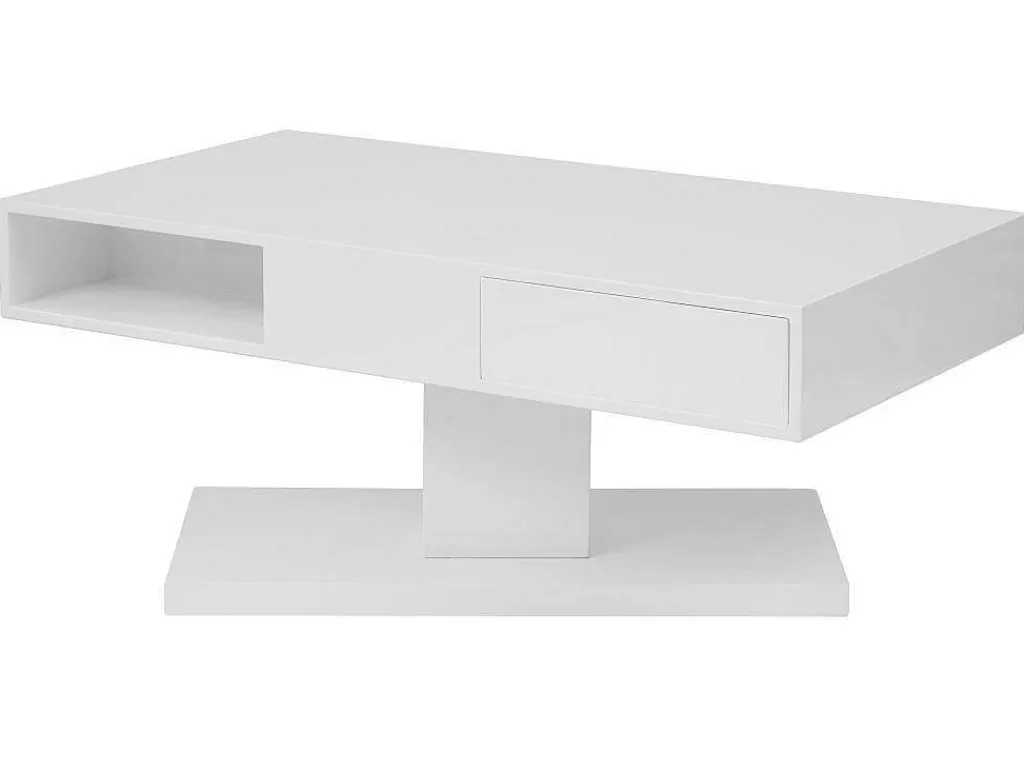 Mesa De Centro*Vente-unique Mesa De Centro Com Tampo Giratorio, 2 Gavetas E 2 Nichos Mdf Lacado A Branco - Ilya