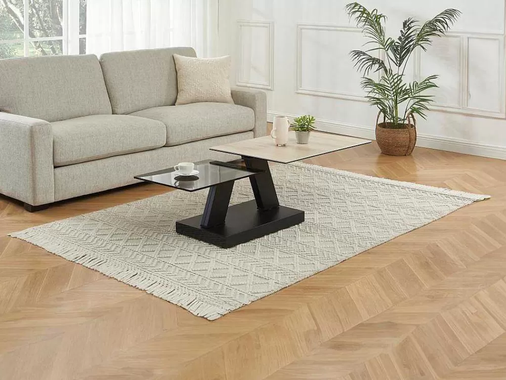 Mesa De Centro*Maison Céphy Mesa De Centro Com Tampos Giratorios Ceramica, Vidro Temperado Fumado E Metal, Preto E Natural - Oyrus De Maison Cephy