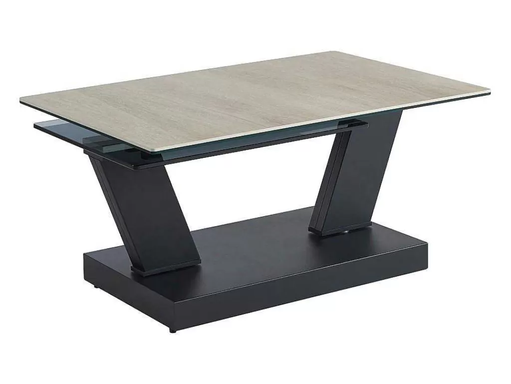 Mesa De Centro*Maison Céphy Mesa De Centro Com Tampos Giratorios Ceramica, Vidro Temperado Fumado E Metal, Preto E Natural - Oyrus De Maison Cephy
