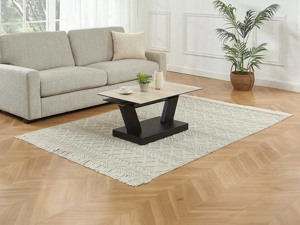 Mesa De Centro*Maison Céphy Mesa De Centro Com Tampos Giratorios Ceramica, Vidro Temperado Fumado E Metal, Preto E Natural - Oyrus De Maison Cephy