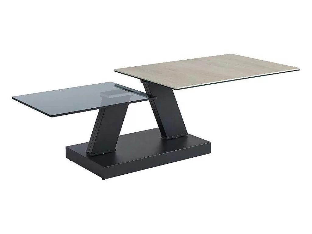 Mesa De Centro*Maison Céphy Mesa De Centro Com Tampos Giratorios Ceramica, Vidro Temperado Fumado E Metal, Preto E Natural - Oyrus De Maison Cephy