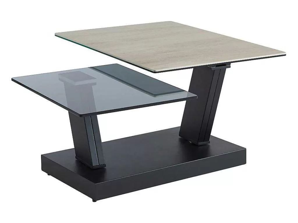 Mesa De Centro*Maison Céphy Mesa De Centro Com Tampos Giratorios Ceramica, Vidro Temperado Fumado E Metal, Preto E Natural - Oyrus De Maison Cephy