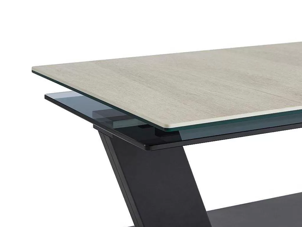 Mesa De Centro*Maison Céphy Mesa De Centro Com Tampos Giratorios Ceramica, Vidro Temperado Fumado E Metal, Preto E Natural - Oyrus De Maison Cephy