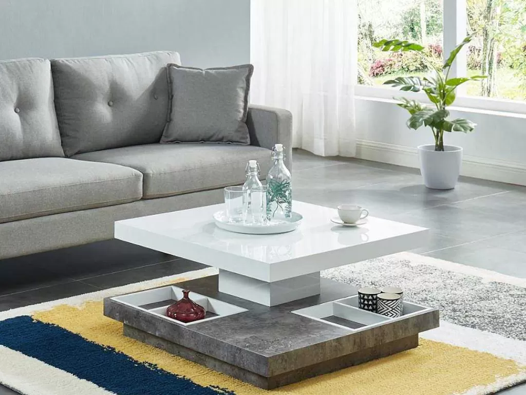 Mesa De Centro*Vente-unique Mesa De Centro Fausto - Tampo Giratorio - Mdf Lacado Branco & Betao