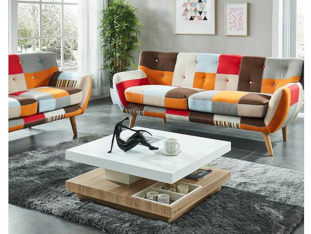 Mesa De Centro*Vente-unique Mesa De Centro Fausto - Tampo Giratorio - Mdf Lacado Branco E Carvalho